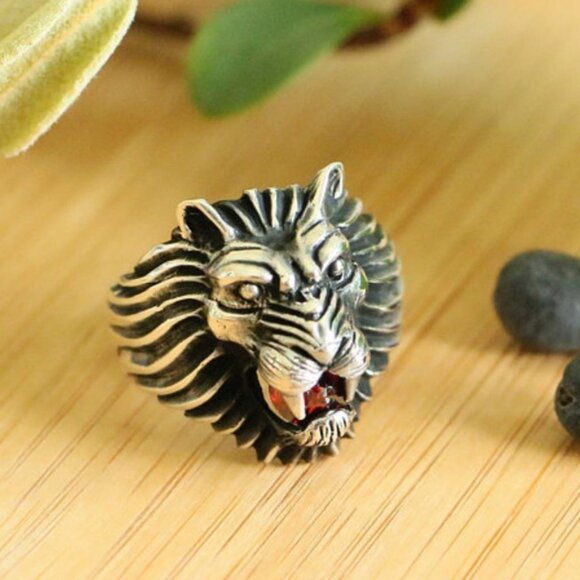 925SterlingSilver Lion Head Men'sRing cubic zircon - Picture 2 of 7
